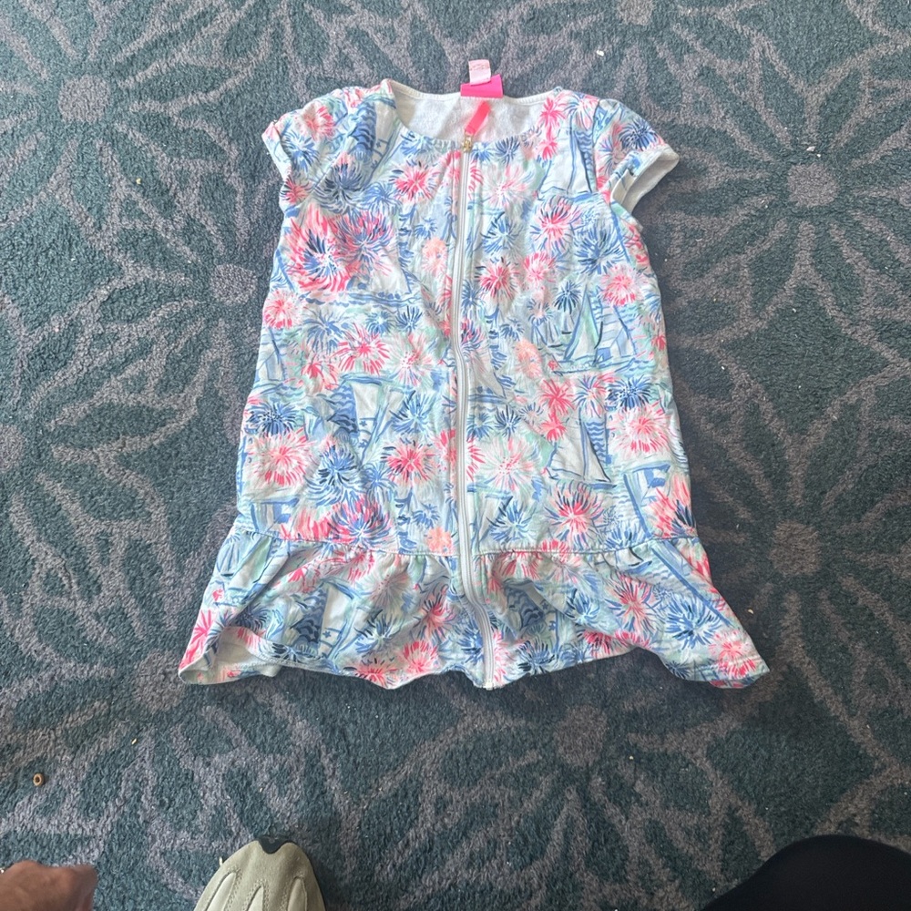 Lilly Pulitzer Girls Zip-Front Floral Sailboat One-Piece - Blue, Pink & White